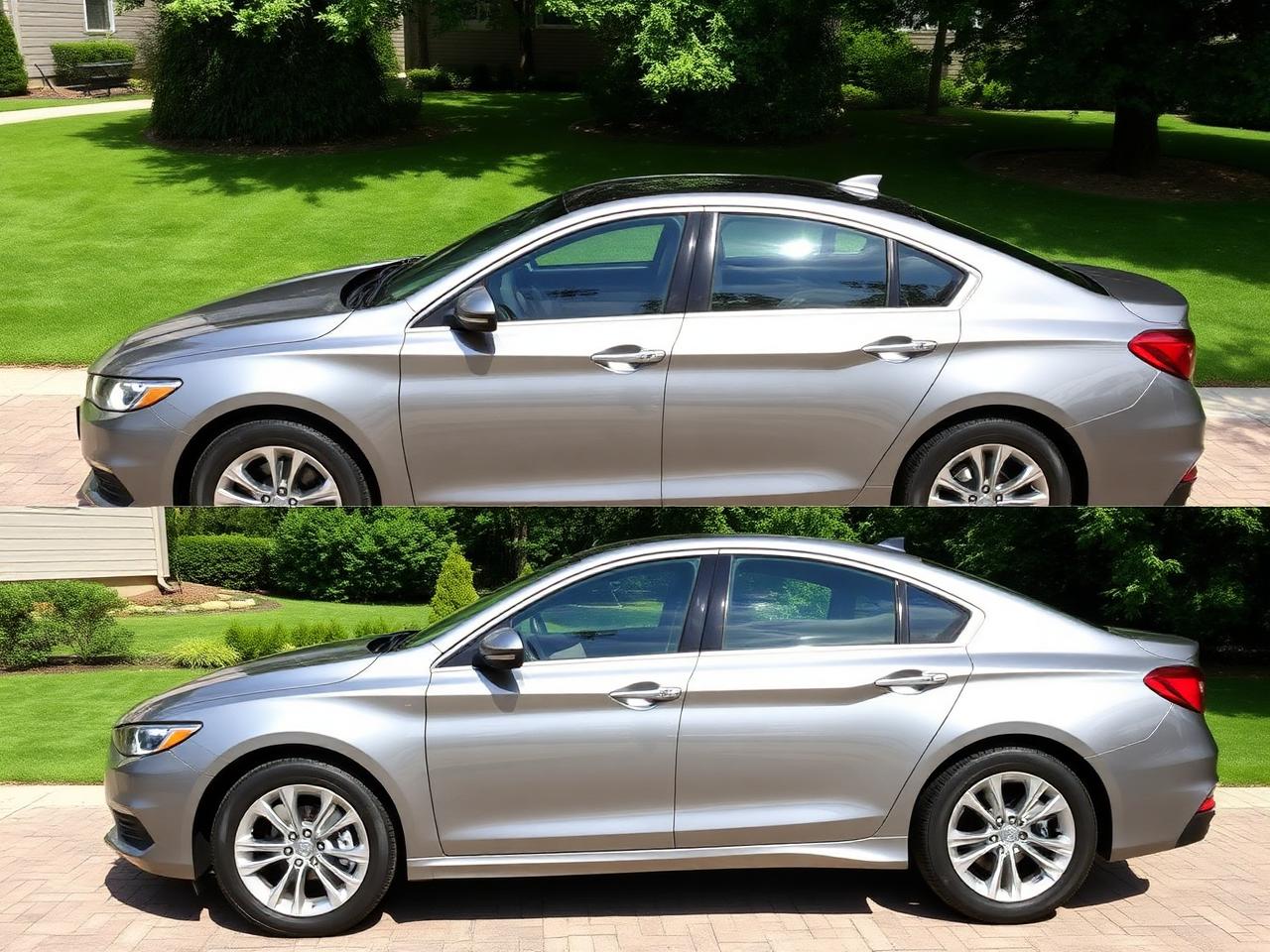 Same car detailed with glossy paint and clean wheels
