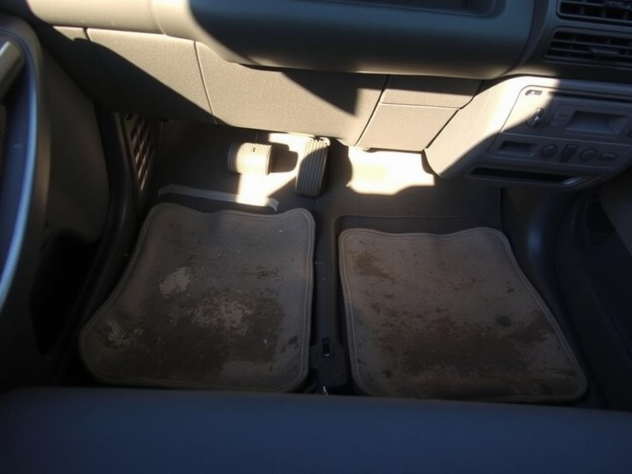 Dirty car interior with stained mats and dusty dash