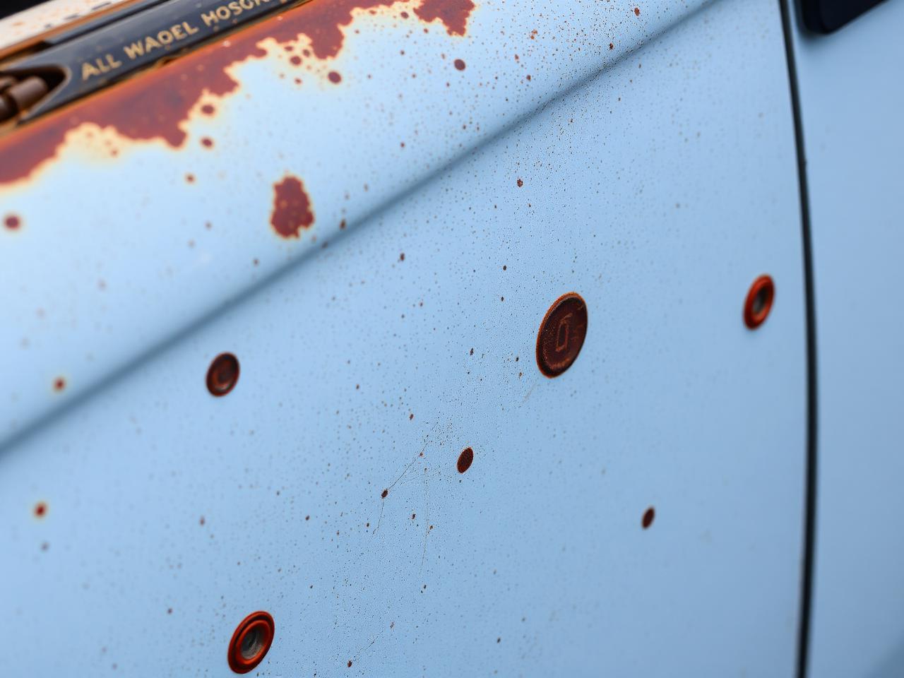 Oxidized car door panel with water spots