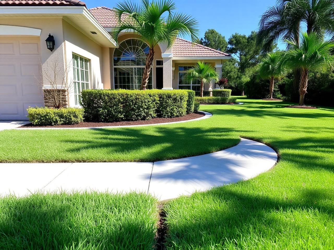 Same side yard with crisp edging and trimmed grass