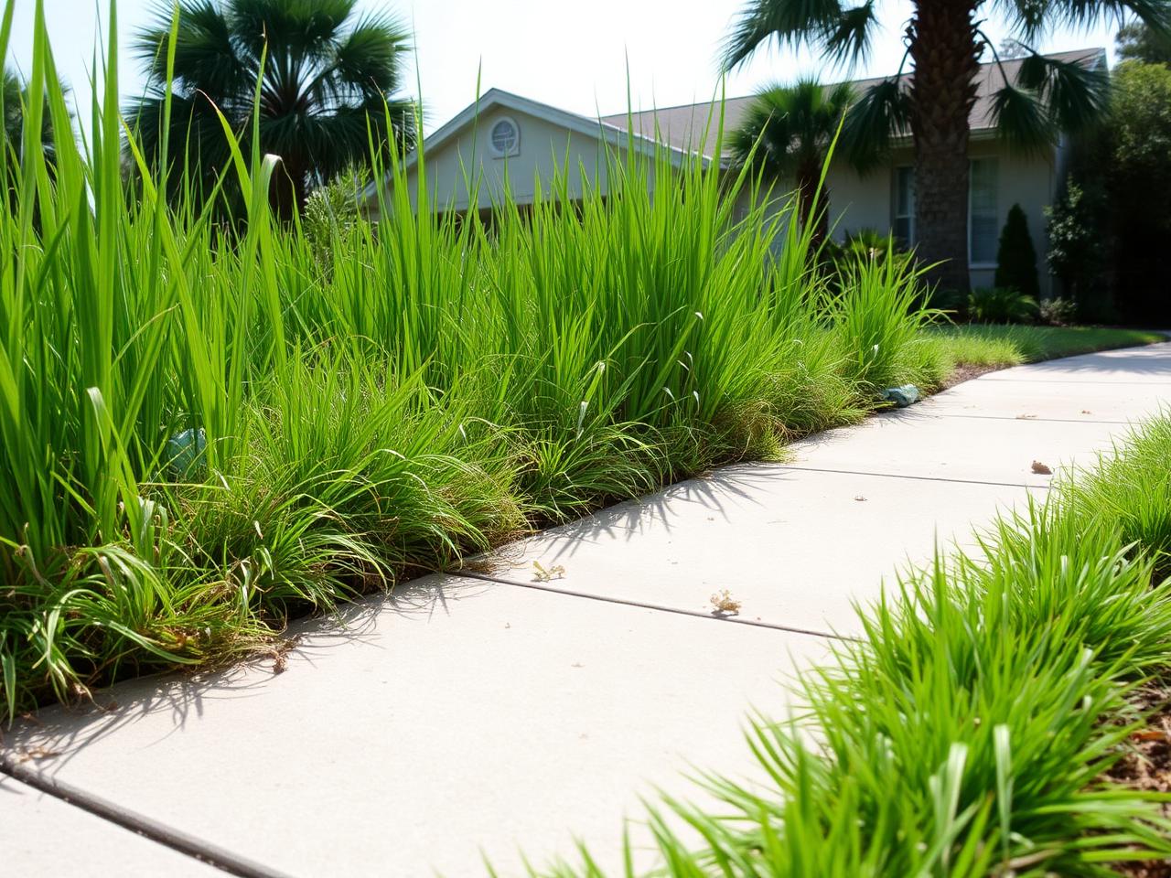 Overgrown Florida front lawn before mowing