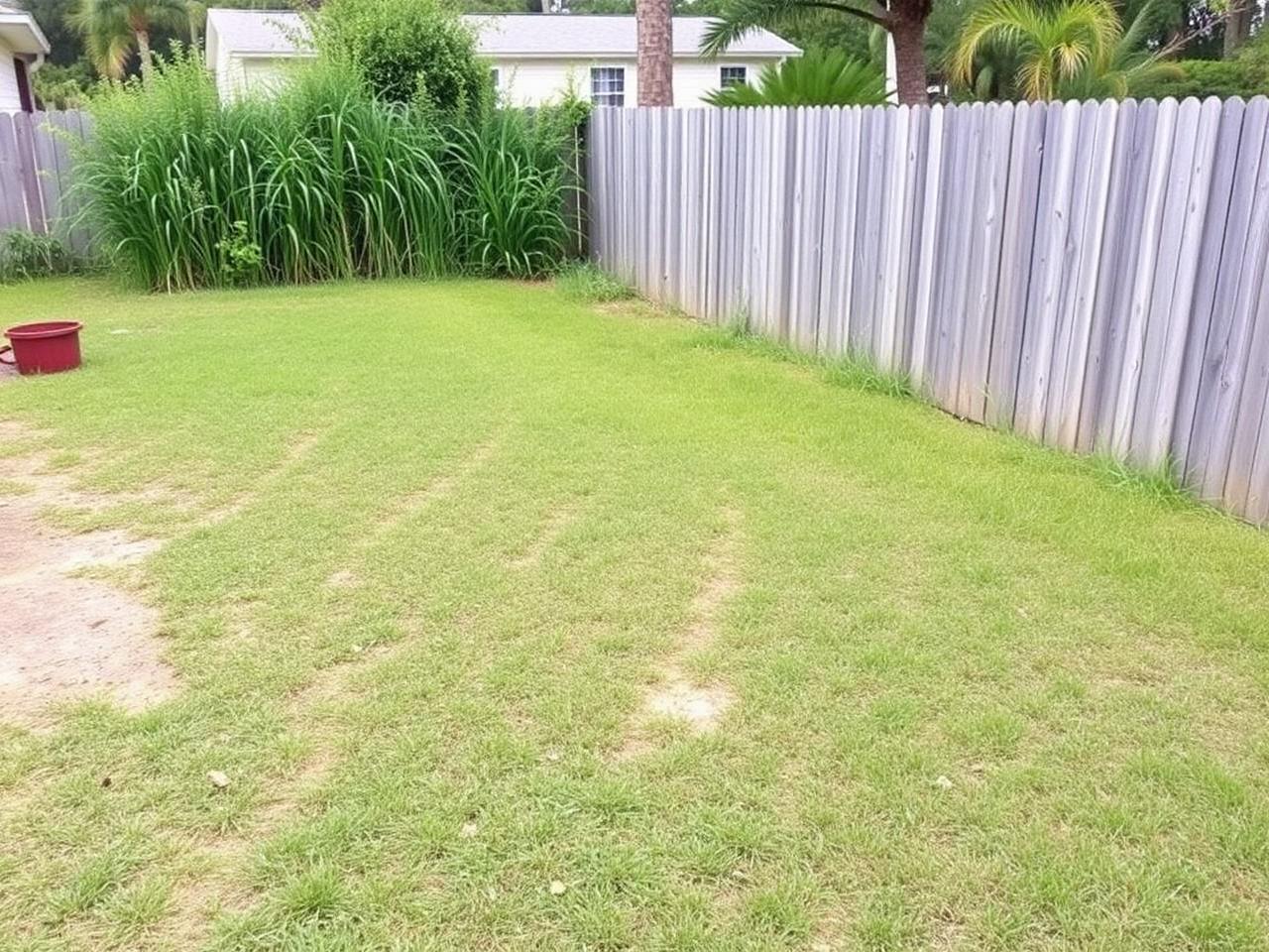 Patchy backyard with weeds along the fence