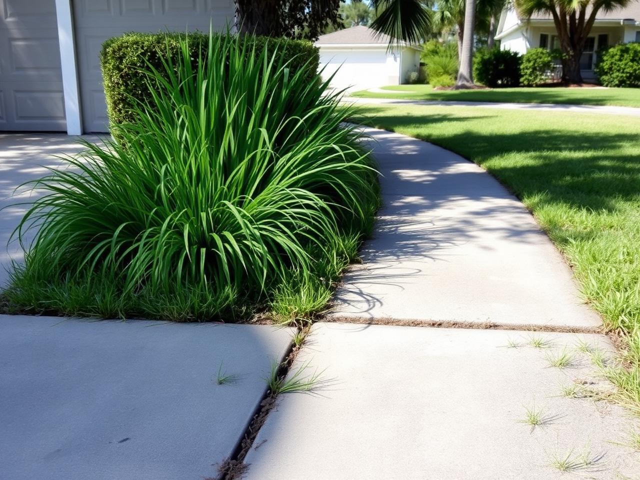 Side yard with grass spilling over the sidewalk