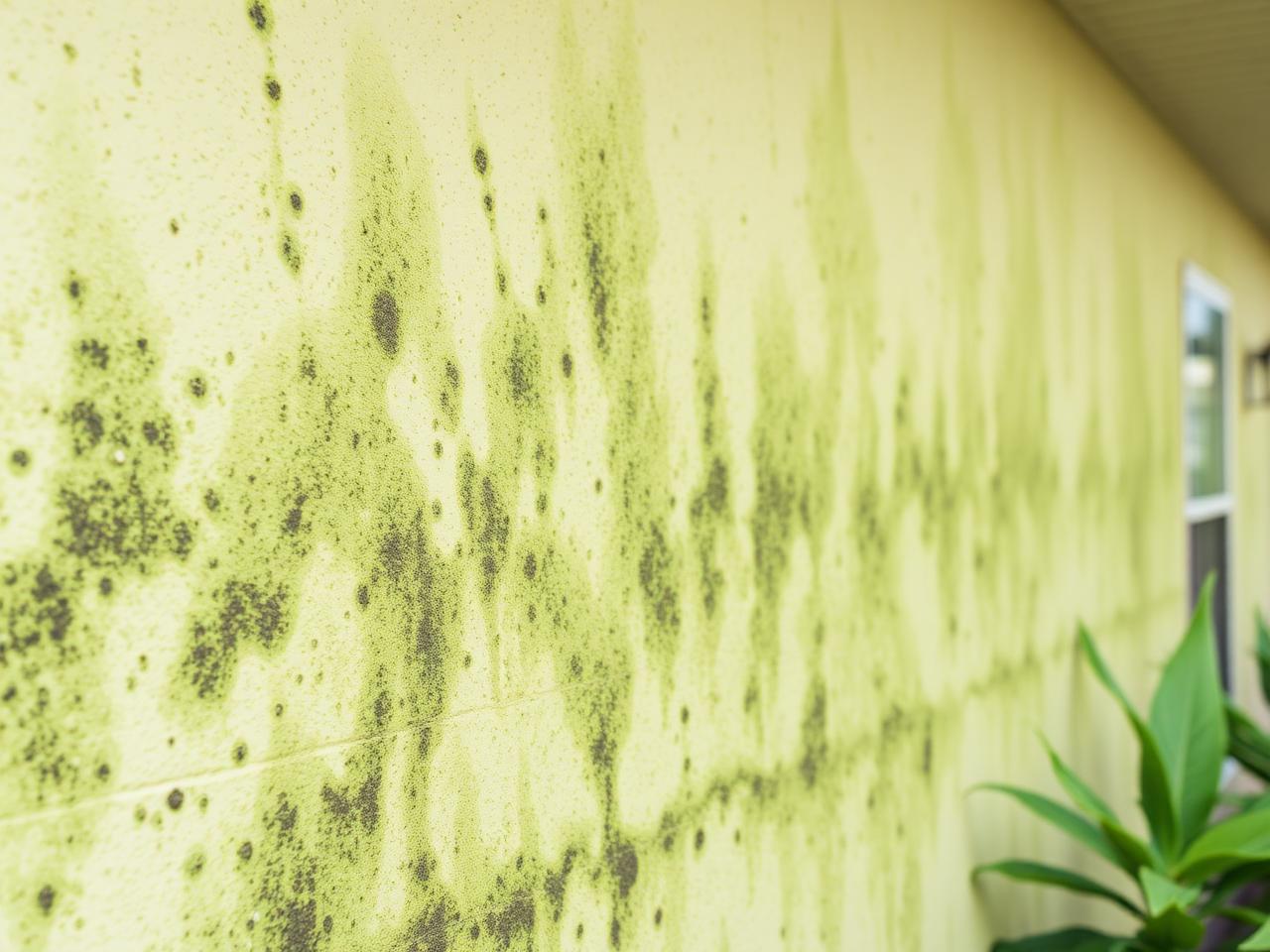 Stucco siding covered in green algae and mildew