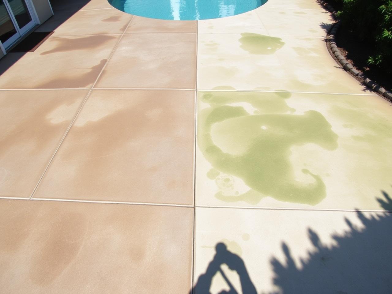 Pool deck with dark mold and algae buildup
